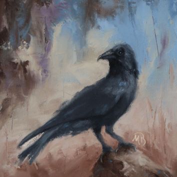 Crows are large black birds that are known for their intelligence and adaptability. 8"x10" original oil painting. Available. You can also buy this image printed on home décor items such as canvas prints and even pillows and coasters. See the Shop tab for more details.