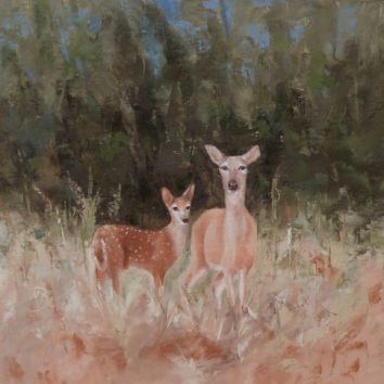 A protective momma and her fawn at the edge of a forest. 16"x16" original oil painting. Available. You can also buy this image printed on home décor items such as canvas prints and even pillows and coasters. See the Shop tab for more details.